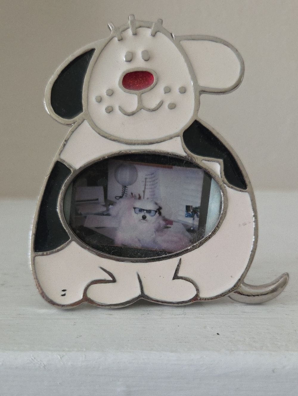 Cute Dog-Shaped Picture Frame — White & Black with Pink Nose